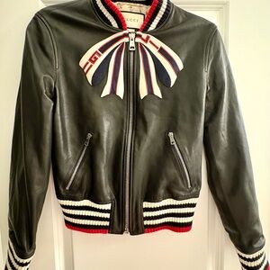 Gucci Black leather Jacket with Bow Red and White Accents